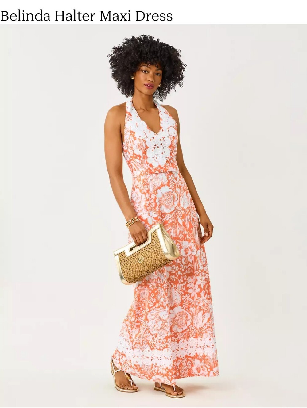 Lilly Pulitzer Coral & White Halter Belinda Maxi Dress